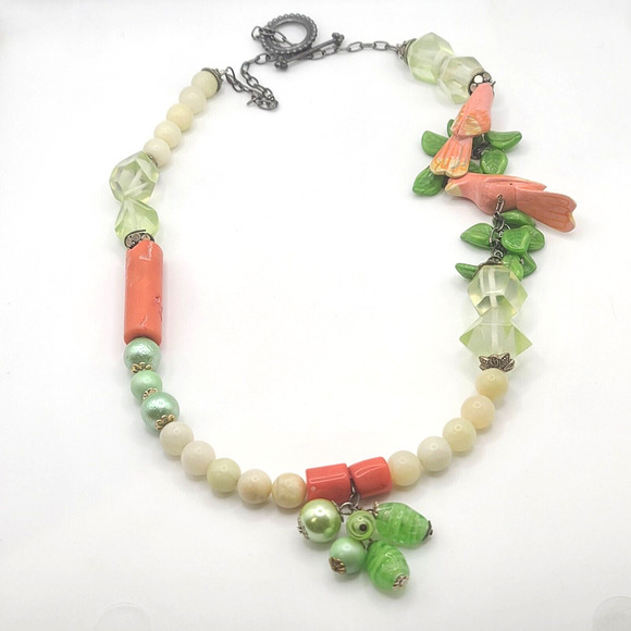 Vintage Polished Mother of Pearl Necklace Coral Bird Glass WOW 26" - Picture 1 of 16